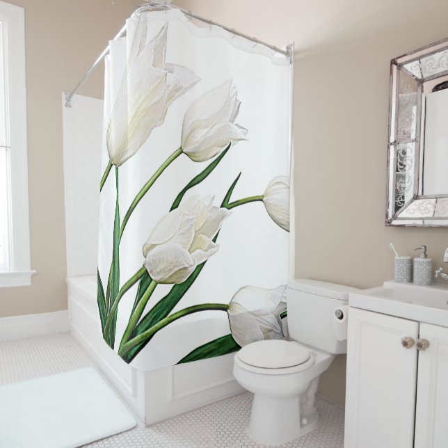 Rideaux De Douche Jolie élégante Tulipes Néerlandaises Blanches Fleu (En situation)