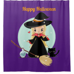 Rideaux De Douche Jolie Petite Sorcière Halloween Et Kitty