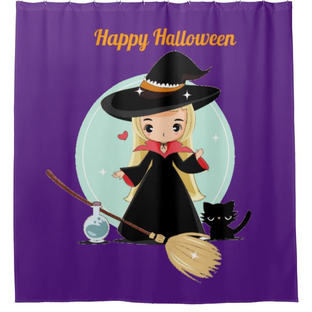 Rideaux De Douche Jolie Petite Sorcière Halloween Et Kitty (Devant)