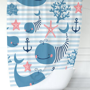 Rideaux De Douche Jolies baleines bleues et récif de corail nautique