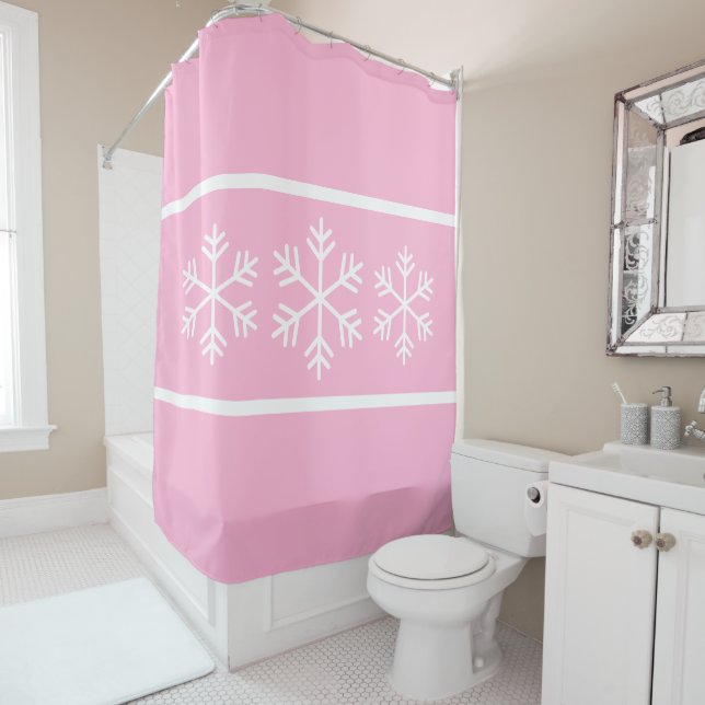 Rideaux De Douche Jolies flocons de neige alpins rose clair blanc ra (En situation)