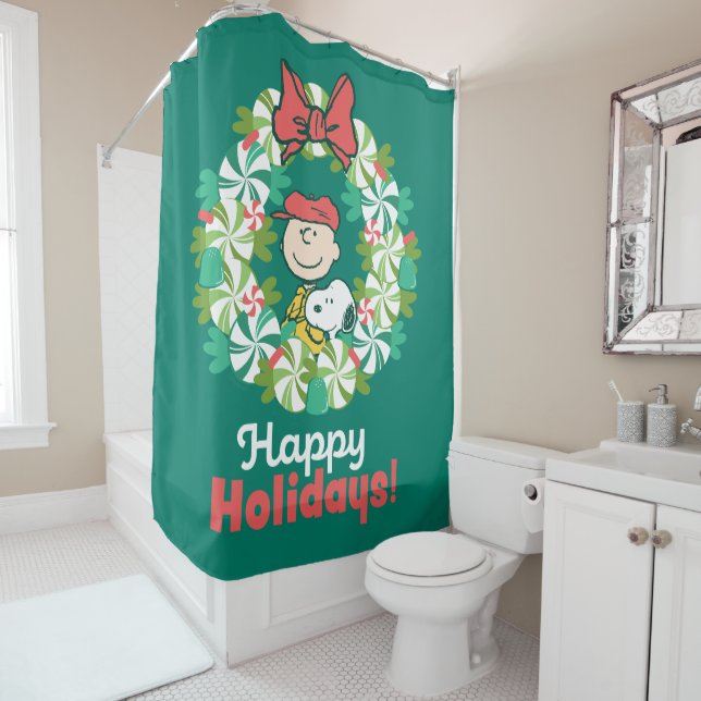 Rideaux De Douche Joyeuses fêtes | Wreath de bonbon de menthe poivré (En situation)