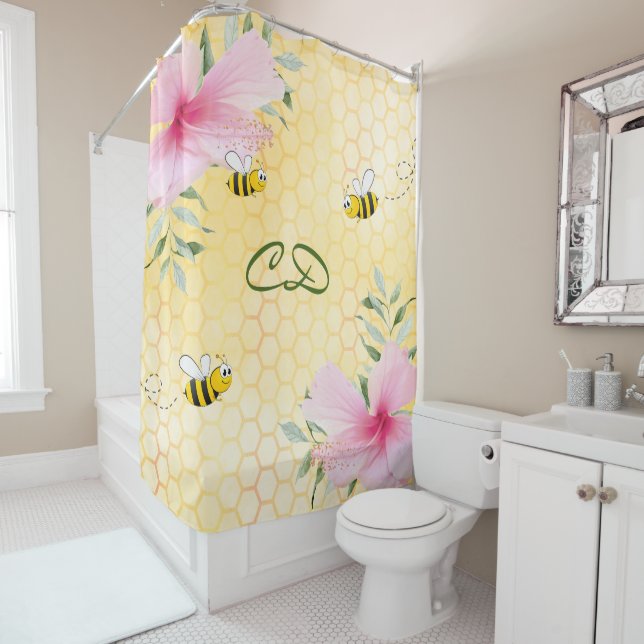 Rideaux De Douche Joyeux bosse abeilles jaune nid d'abeille rose mon (En situation)