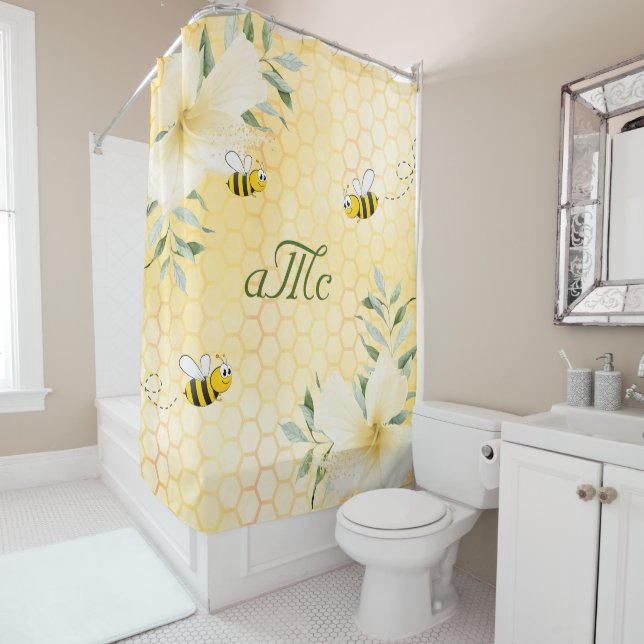 Rideaux De Douche Joyeux bourdon abeilles jaune monographie florale  (En situation)