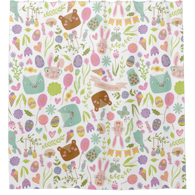 Rideaux De Douche Joyeux Bunny de Pâques modèle floral (Devant)