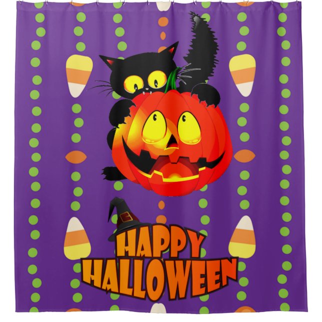 Rideaux De Douche Joyeux Chat aux sorcières d'Halloween (Devant)