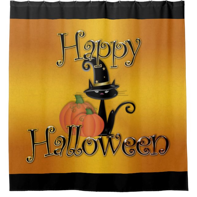 Rideaux De Douche Joyeux Chat aux sorcières d'Halloween (Devant)
