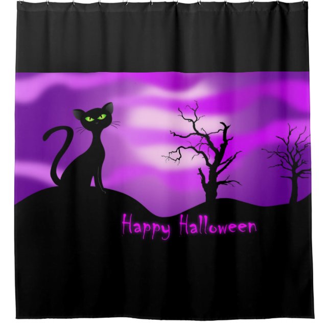Rideaux De Douche Joyeux Halloween Chat noir violet (Devant)