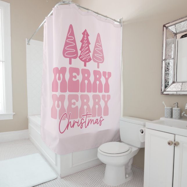 Rideaux De Douche Joyeux Joyeux Noël - Conception des Fêtes Rose (En situation)