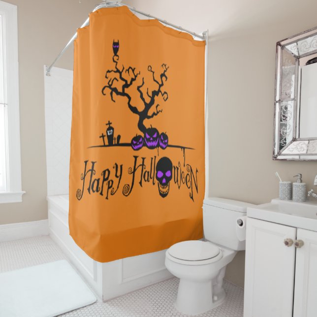 Rideaux De Douche Joyeux logo Halloween, Citrouille et crâne (En situation)