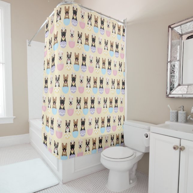 Rideaux De Douche Joyeux Motif de Chien de Pâques français (En situation)
