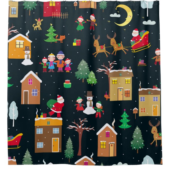 Rideaux De Douche Joyeux Noël avec une famille joyeuse et enneigée (Devant)