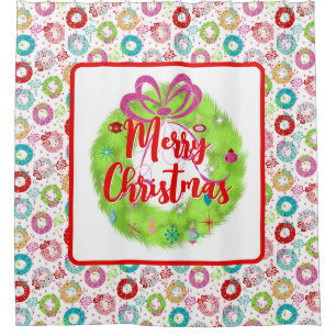 Rideaux De Douche Joyeux Noël Green Wreath Retro Noël