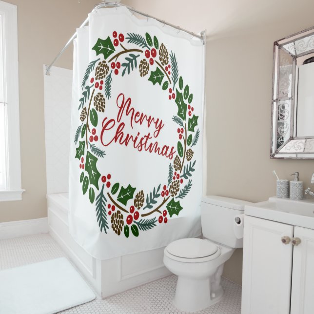 Rideaux De Douche Joyeux Noël Holly Wreath (En situation)