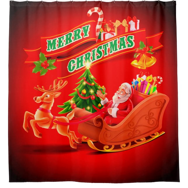 Rideaux De Douche Joyeux Noël Père Noël Sleigh et Reindeer (Devant)