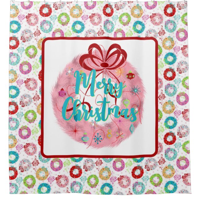 Rideaux De Douche Joyeux Noël rose Wreath Noël rétro (Devant)