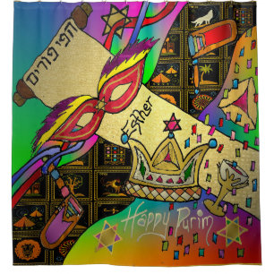 Rideaux De Douche Judaica Purim Esther Célébration Art Noir Imprimer
