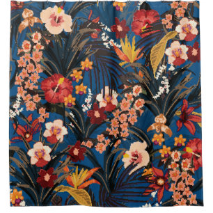 Rideaux De Douche Jungle Chic : Bleu foncé Exotique.