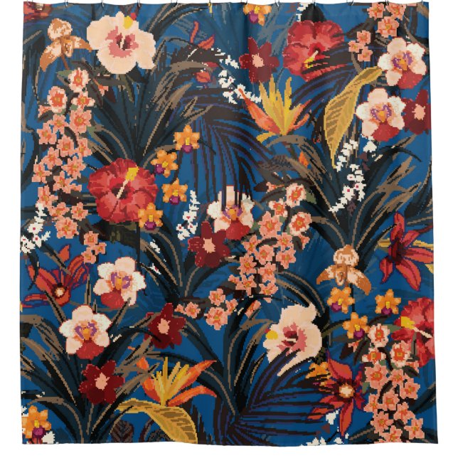 Rideaux De Douche Jungle Chic : Bleu foncé Exotique. (Devant)