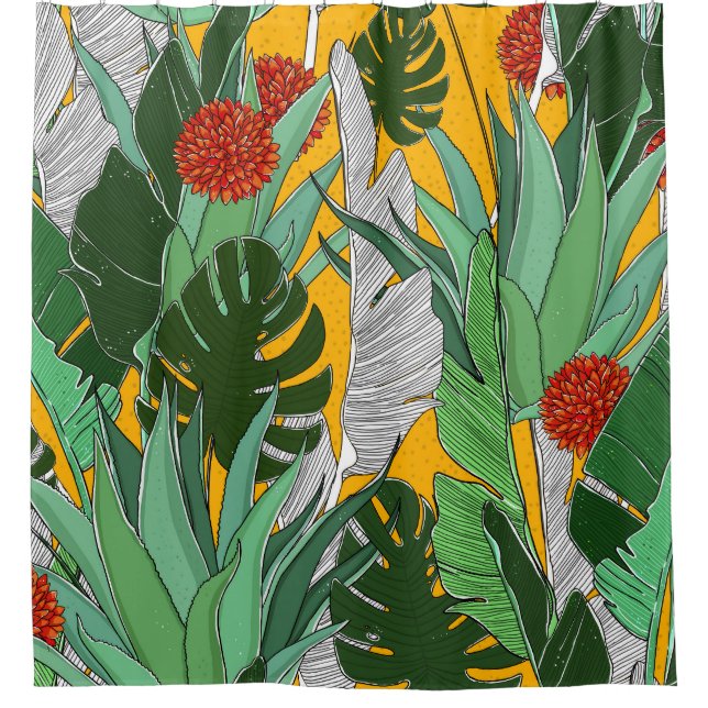 Rideaux De Douche Jungle d'été : Motif de palmier lumineux. (Devant)