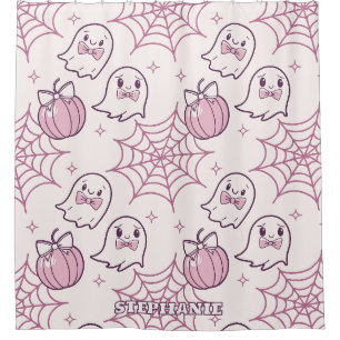 Rideaux De Douche Kawaii Halloween rose Fantômes et Citrouille