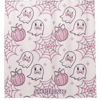 Rideaux De Douche Kawaii Halloween rose Fantômes et Citrouille