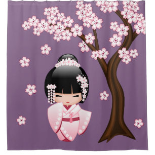 Rideaux De Douche Kimono rose Kawaii Kokeshi sur fond violet