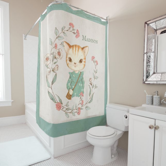 Rideaux De Douche Kitty Chat Floral Nom personnalisé Girly Kitten (En situation)