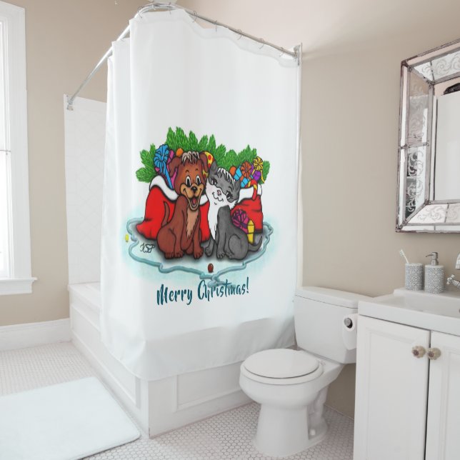 Rideaux De Douche Kitty et chiot, Happy XMas (En situation)