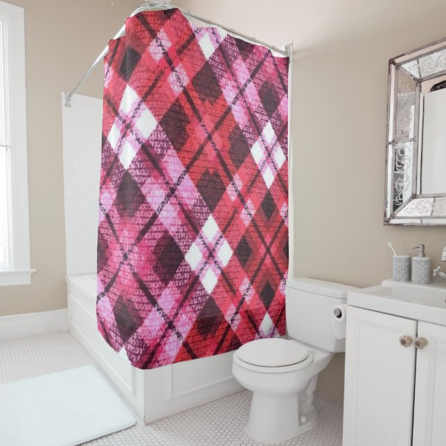 Rideaux De Douche Knit Plaid Tartan Check Pink White Wine Motif (En situation)