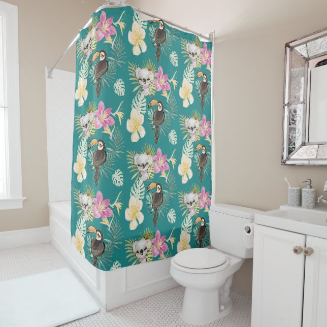 Rideaux De Douche Koala Bear et Toucan Bird Motif Turquoise (En situation)