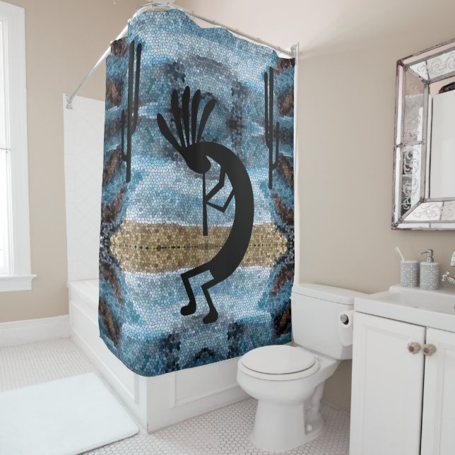 Rideaux De Douche Kokopelli Sud-Ouest Désert Mosaïque bleue 2 (En situation)
