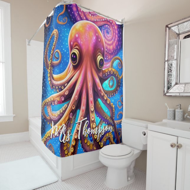 Rideaux De Douche Kraken Octopus avec nom personnalisé (En situation)