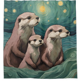 Rideaux De Douche La famille Otter dans un océan étoilé