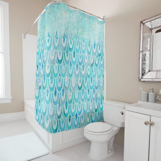 Rideaux De Douche La sirène brillante turquoise bleue mesure des (En situation)