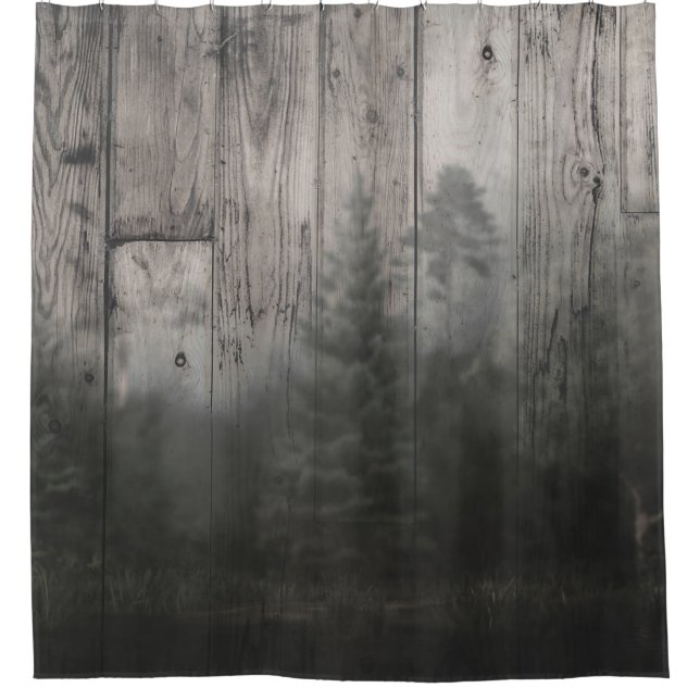 Rideaux De Douche Lac de forêt brumeuse pins & bois rustique (Devant)