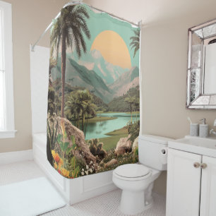 Rideaux De Douche Lac Tropical Surreal Avec Palmiers