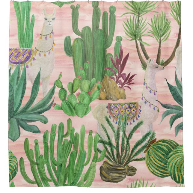Rideaux De Douche Lamas aquarelle et motif cactus. (Devant)