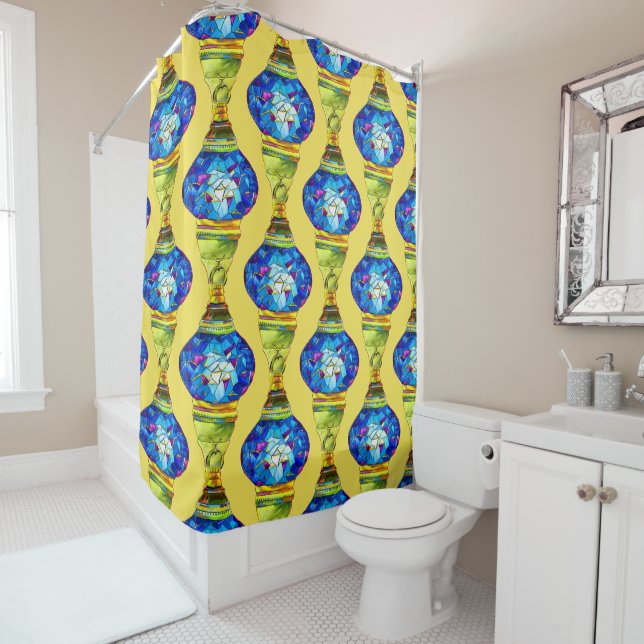 Rideaux De Douche Lampes turques mosaïque bleue aquarelle art (En situation)