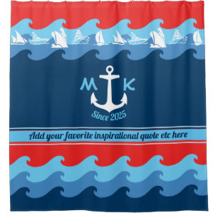Rideaux De Douche L'Ancre de monogramme ondule nautique bleu blanc