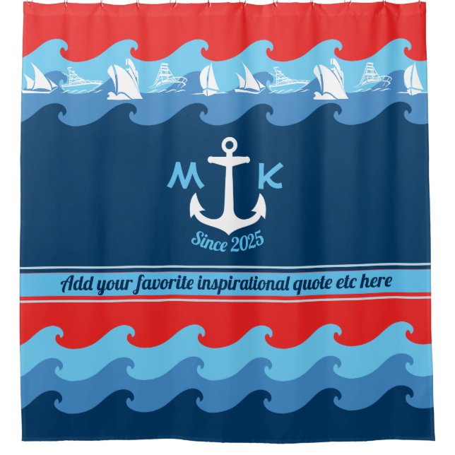 Rideaux De Douche L'Ancre de monogramme ondule nautique bleu blanc (Devant)