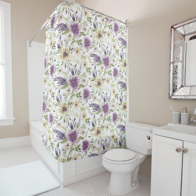 Rideaux De Douche Lavande et aquarelle jaune Motif floral (En situation)