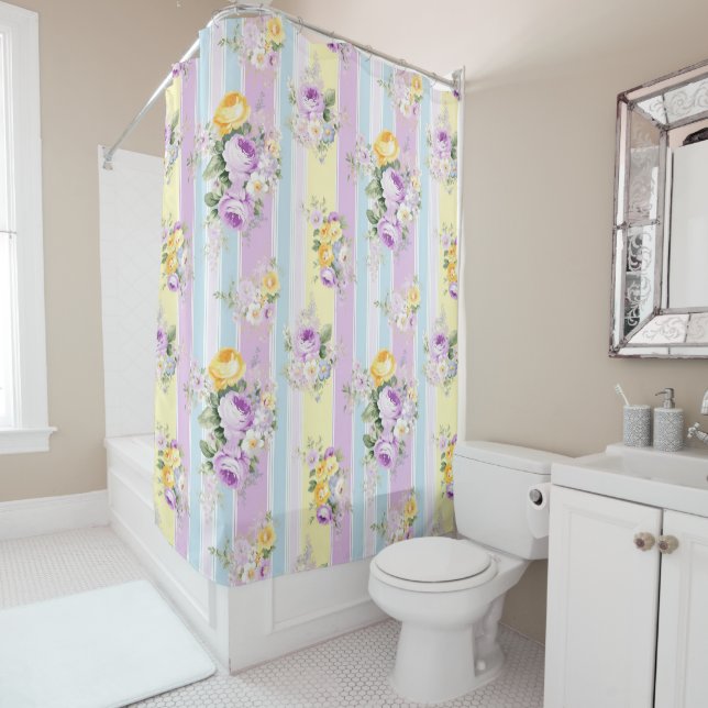 Rideaux De Douche Lavande rayée Floral (En situation)
