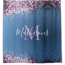 Rideaux De Douche Lavender Confetti sur le Monogramme bleu Nom