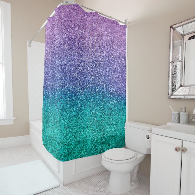 Rideaux De Douche Lavender Purple & Teal Aqua Green Sparkly Glitter (En situation)