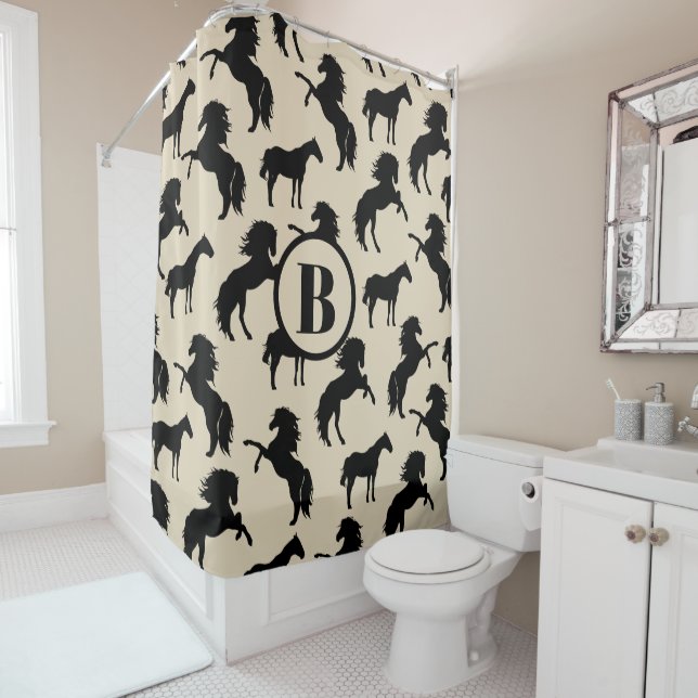 Rideaux De Douche Le cheval noir rustique silhouette | personnalisé (En situation)