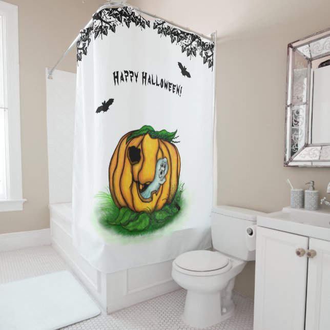 Rideaux De Douche Le fantôme d'Halloween, chauve-souris, fantôme et  (En situation)