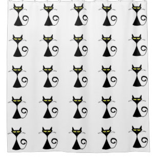Rideaux De Douche Le jaune graphique moderne de chat noir observe la
