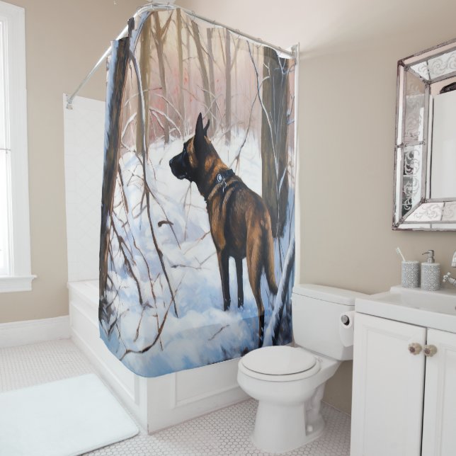 Rideaux De Douche Le Malinois Belge Laisser Neige Noël (En situation)