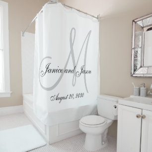 Rideaux De Douche Le monogramme élégant de blanc gris appelle le